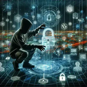 "Person wearing augmented reality headset while conducting a security test on AR systems, illustrating the intersection of hacking and augmented reality security."