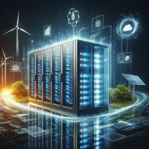 "Data center technician monitoring energy consumption metrics on a digital dashboard, illustrating energy transparency and its impact on client attraction in modern data facilities."