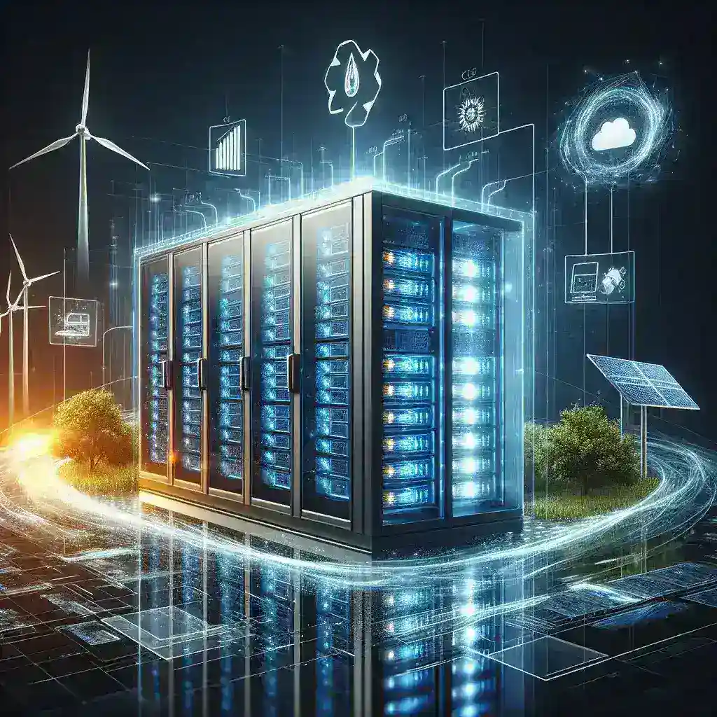 "Data center technician monitoring energy consumption metrics on a digital dashboard, illustrating energy transparency and its impact on client attraction in modern data facilities."