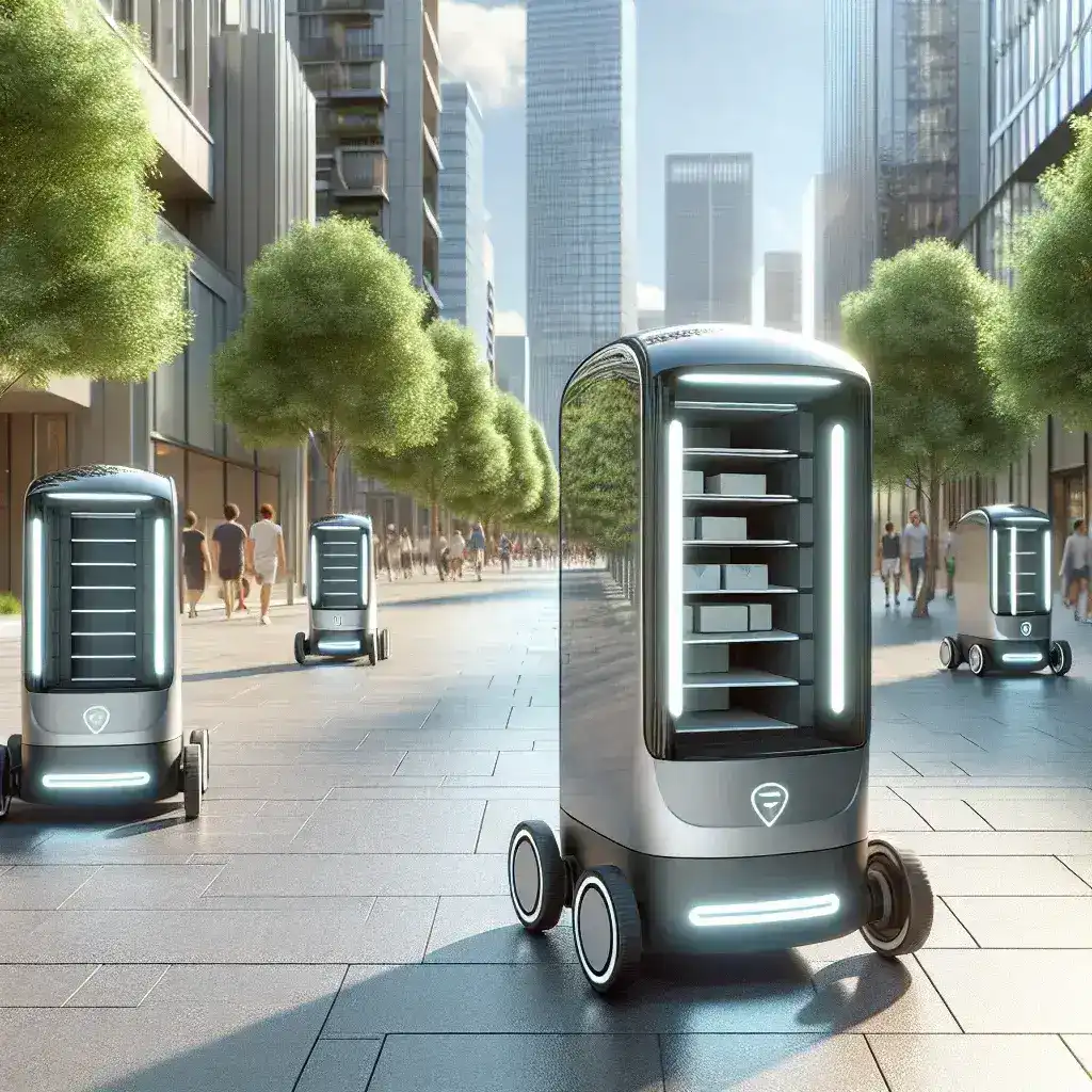 "Autonomous delivery robot navigating a city sidewalk for last-mile package delivery, showcasing advanced technology and urban logistics solutions"