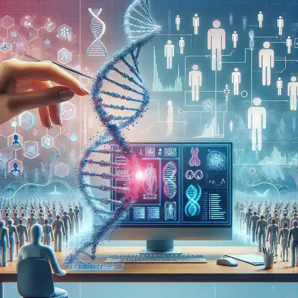 "AI model predicting genetic drift patterns in isolated human populations, illustrating advanced data analysis and genetic diversity visualization."